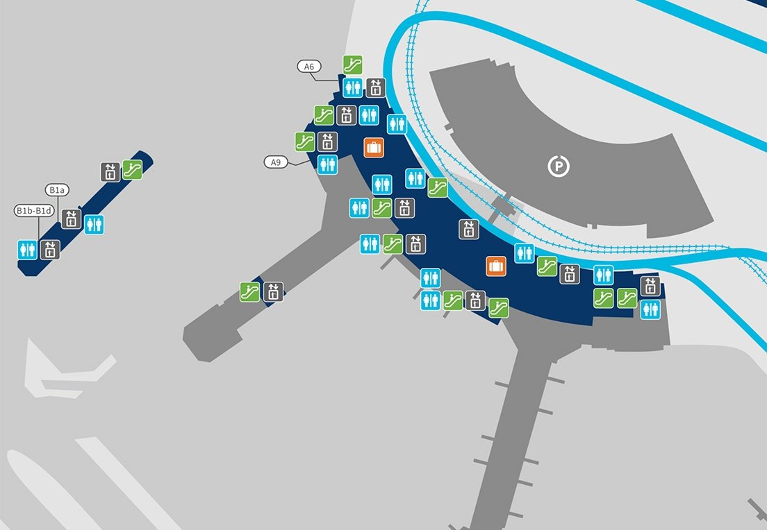 Pearson Airport Terminal 3 arrivals level map showing baggage claim and food locations