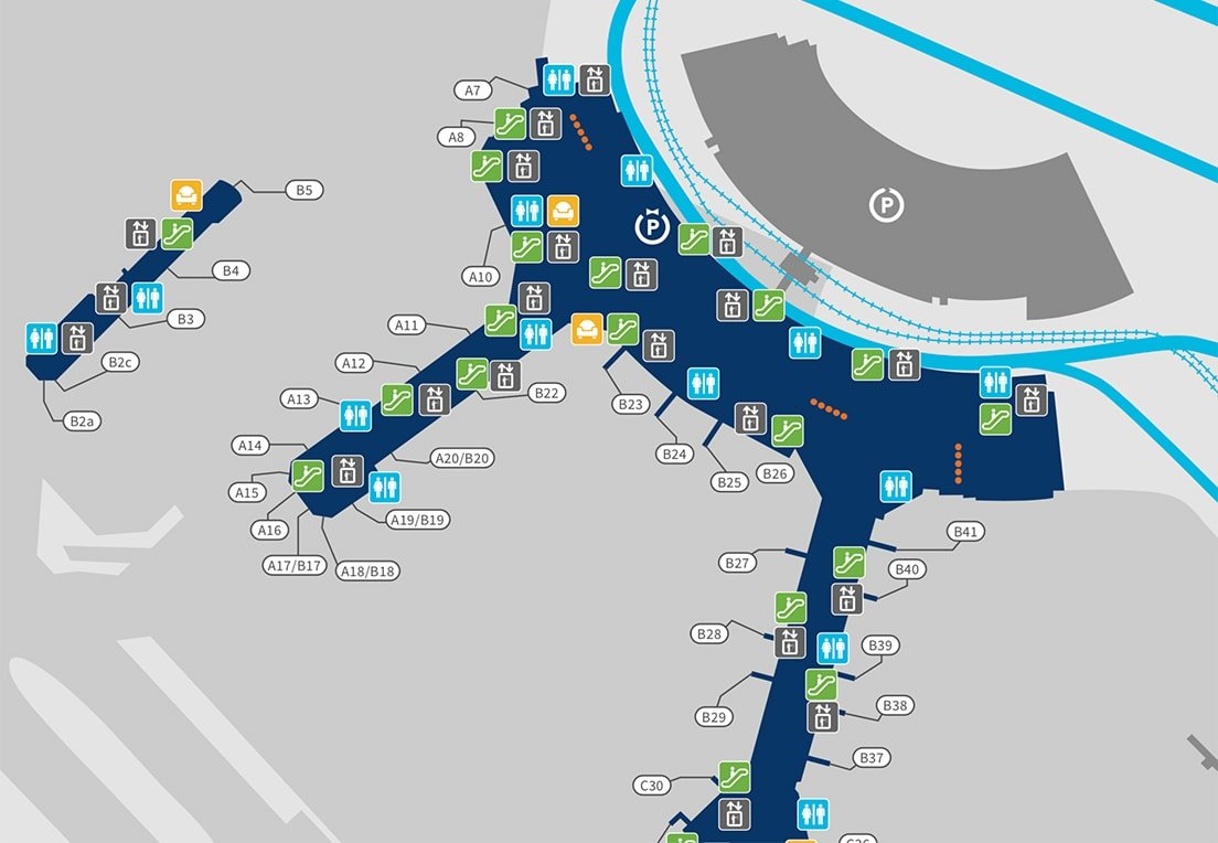 Pearson Airport Terminal 3 departures level map showing food and gate locations