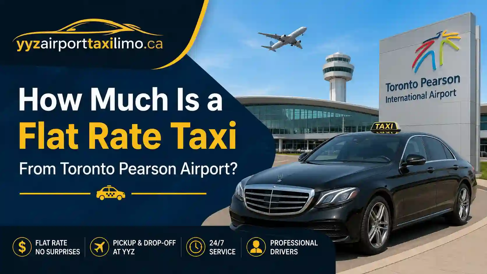 Flat-rate airport taxi service at Toronto Pearson International Airport with a luxury sedan for YYZ airport transfers.