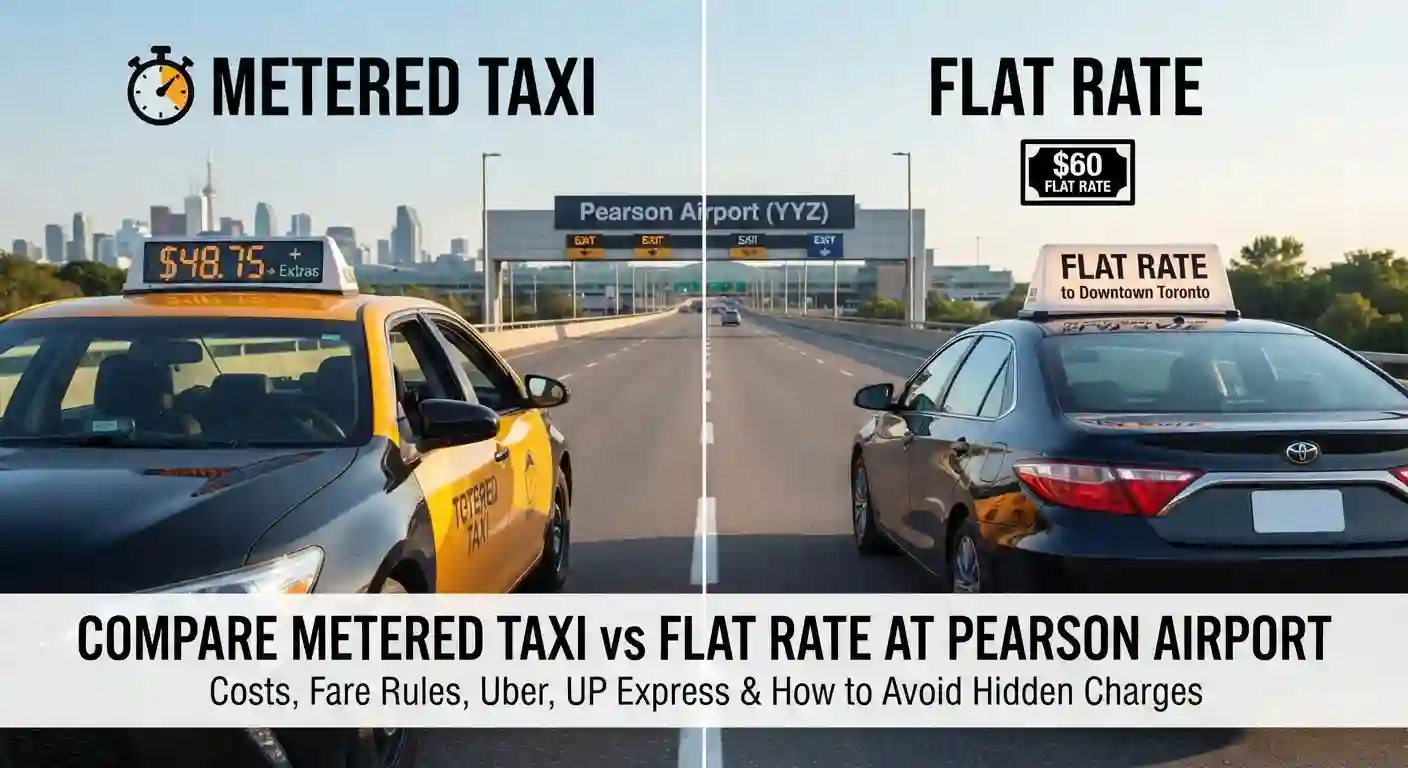 Comparison between metered taxi and flat rate taxi at Toronto Pearson Airport showing costs and fare rules