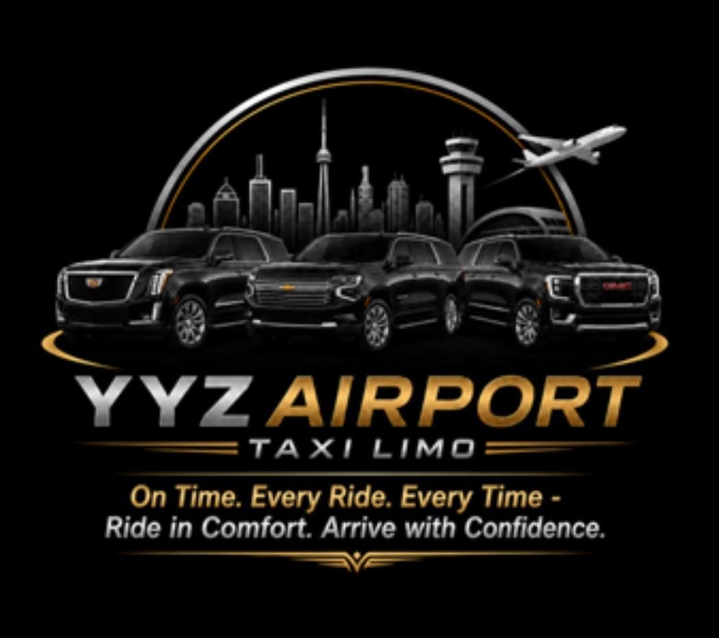 YYZ Airport Taxi Limo logo with black SUV fleet, Toronto skyline, and airplane